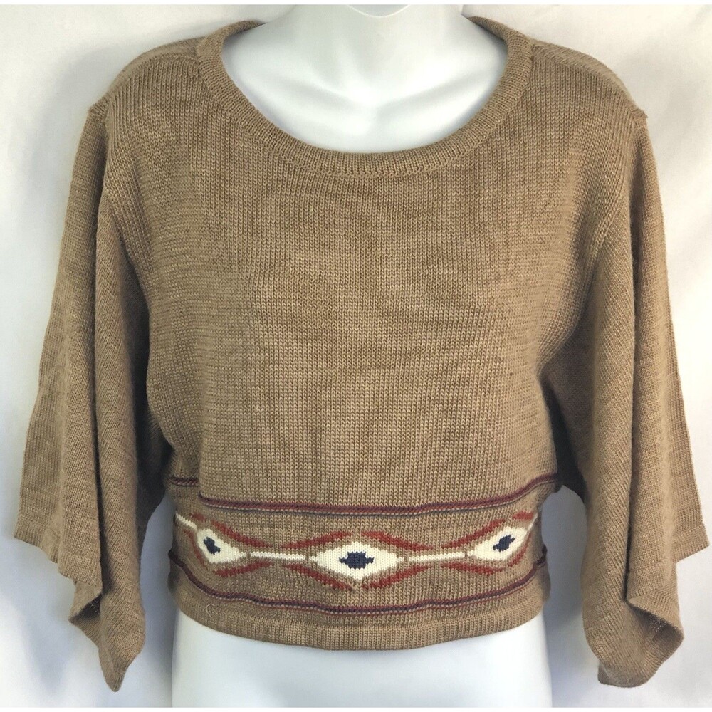 NWT Design Cropped sweater S Tan Geo Aztec dolman Flare sleeve wool blend Boho